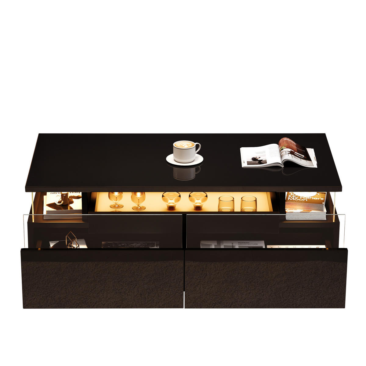 COUCHTISCH 90/45/35,5 cm in Schwarz mit LED-Beleuchtung und 2 Schubladen - Schwarz, Holzwerkstoff (90/45/35.5cm) - Flora Grace