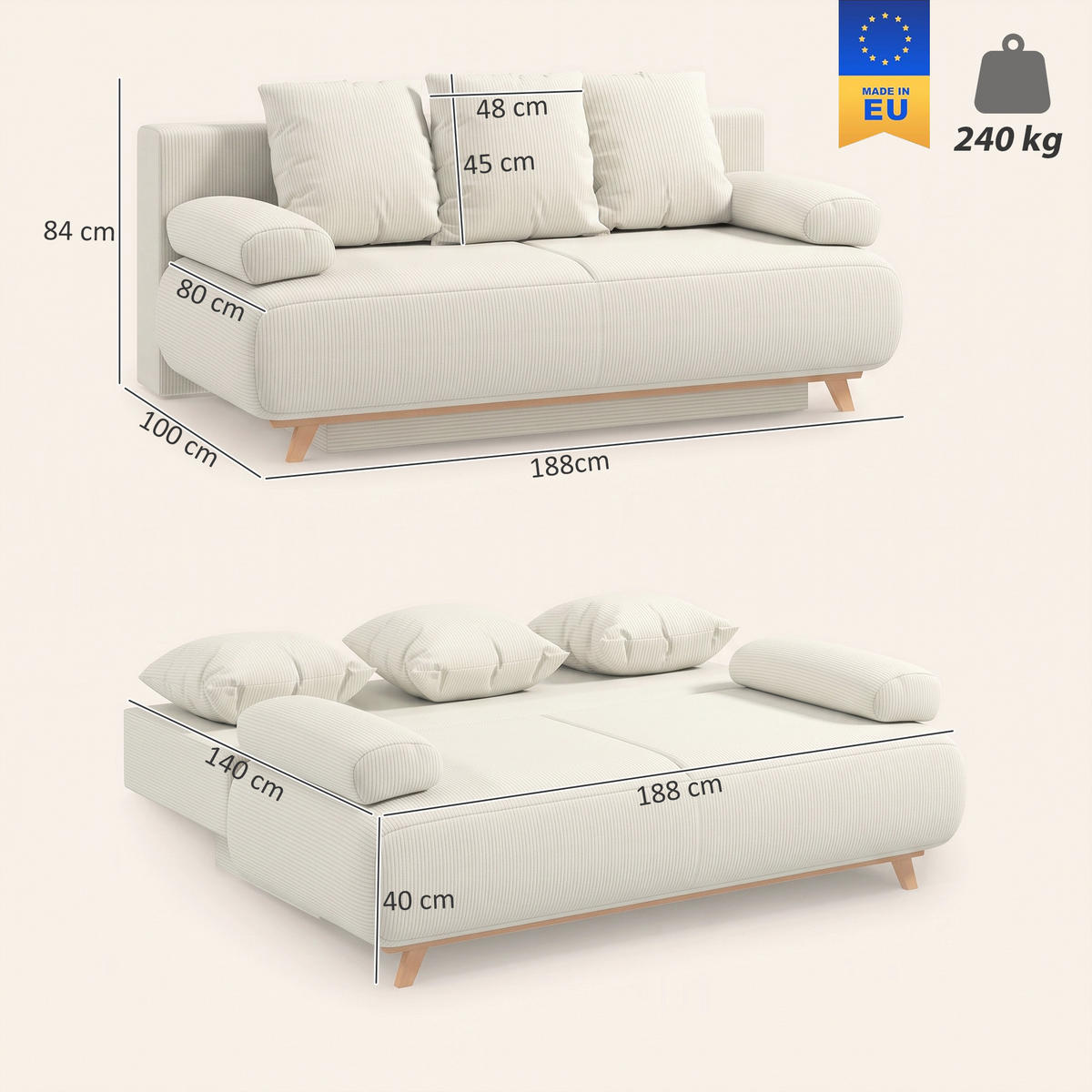 BÄDDSOFFA i manchester, beige - Beige, Textil/Plast (100/84/188cm) - HOMCOM