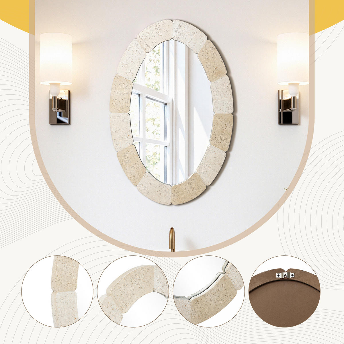 78CM H Ovaler Wandspiegel mit Polyharzrahmen Geeignet für Badezimmer, Wohnzimmer, Schlafzimmer usw. Moderner Boho-Stil - Beige/Akaziefarben, Glas/Kunststoff (78/3.5/52cm) - Hometopia