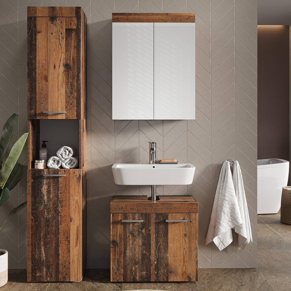 BADSCHRANK Luna Oldstyle 37 x 190 cm - Braun, Holzwerkstoff (37/190/32.6cm) - Vicco