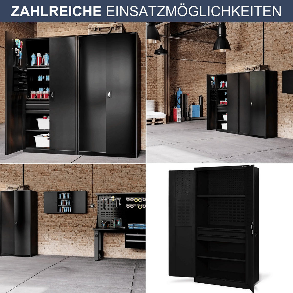 WERKZEUGSCHRANK mit Lochwand AESO 185x92x50cm Schwarz - Schwarz, Metall (92/185/50cm) - DELUKE
