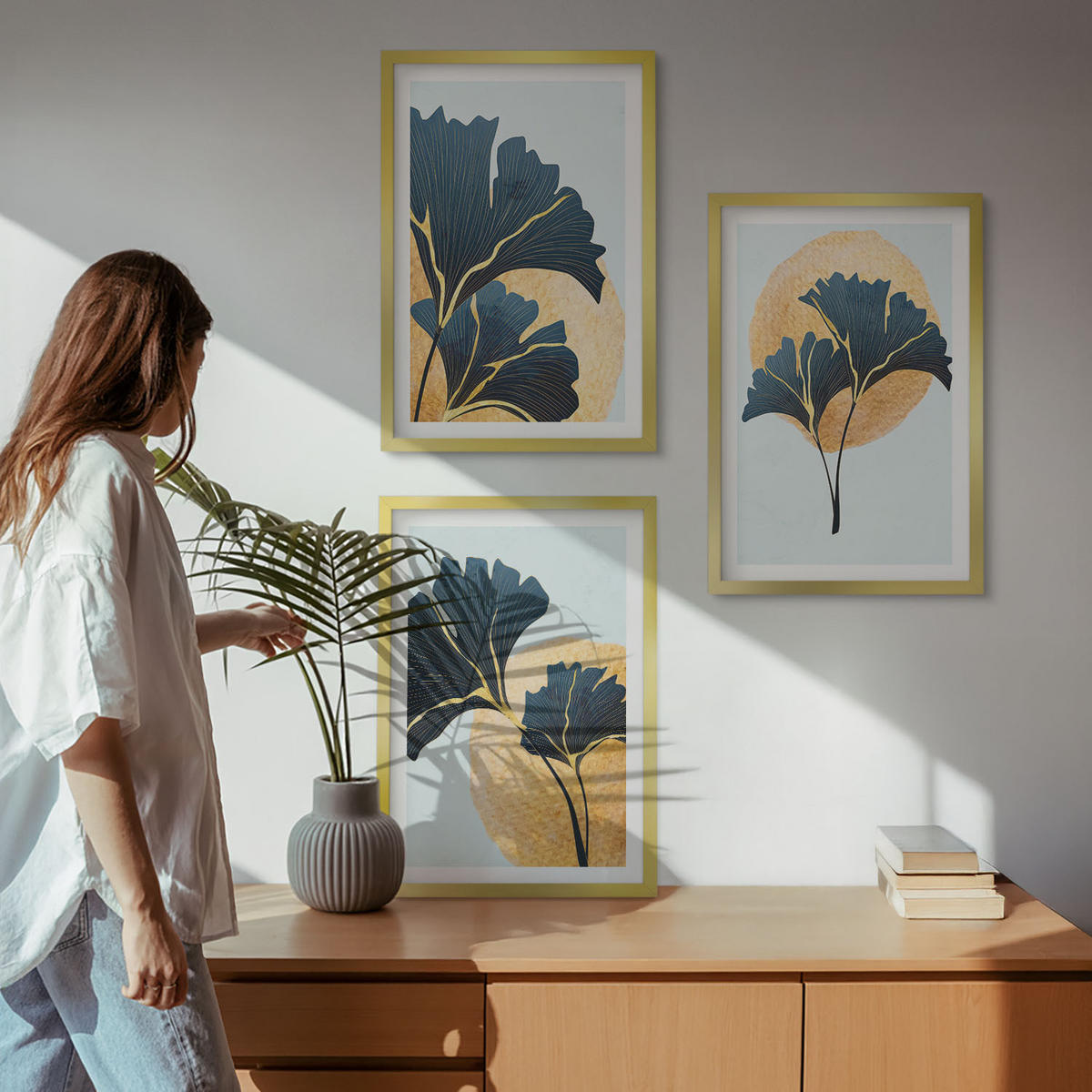 BILDER SET 3er Set - 40x60 cm Goldrahmen - Ginkgoblätter, heller Hintergrund - Goldfarben, Kunststoff (40/60cm) - TULUP