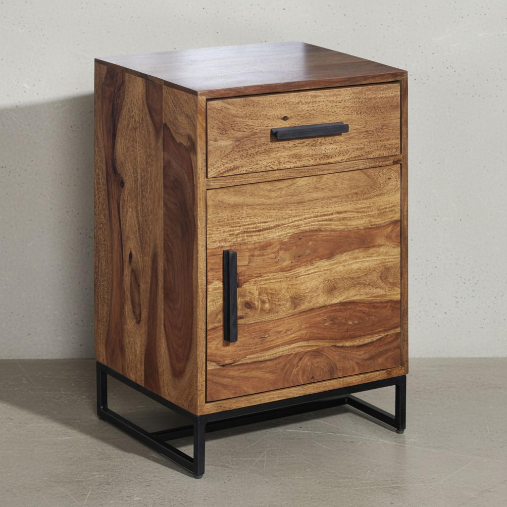 NACHTTISCH – Massivholz/Eisen, Schublade & Tür, Industrial-Stil - Schwarz/Braun, Holz/Metall (45/65/35cm) - KADIMA DESIGN