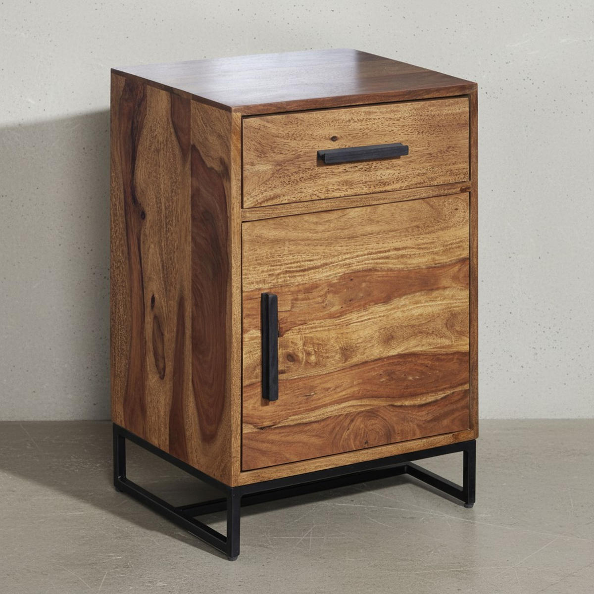 NACHTTISCH – Massivholz/Eisen, Schublade & Tür, Industrial-Stil - Schwarz/Braun, Holz/Metall (45/65/35cm) - KADIMA DESIGN