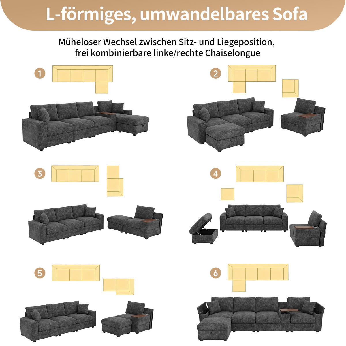 ECKSOFA 313/147/82 cm Grau mit Stauraum, USB-/Typ-C, Getränkehaltern und 360° drehbarem Couchtisch - Grau, Textil (313/147cm) - Oxeza