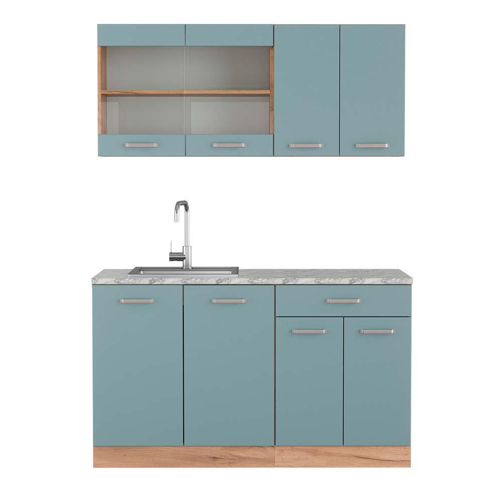 SINGLEKÜCHE R-Line Blau-Grau/Goldkraft Eiche 140 cm, AP Marmor - Eiche Wotan/Blaugrau, Holzwerkstoff (140/81.6/60cm) - Vicco