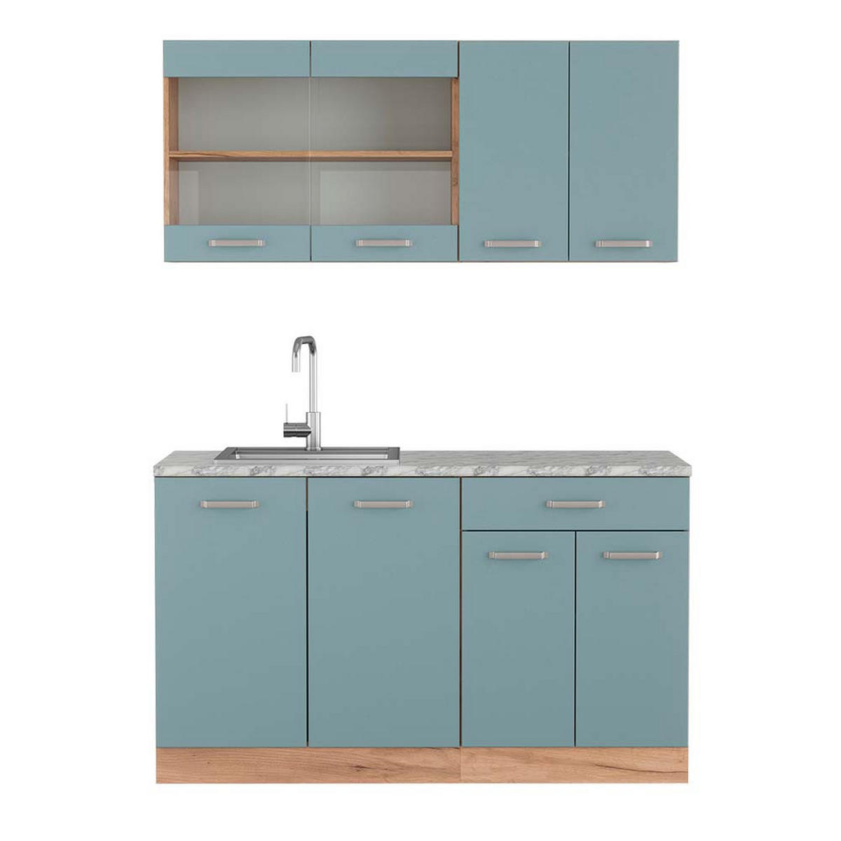 SINGLEKÜCHE R-Line Blau-Grau/Goldkraft Eiche 140 cm, AP Marmor - Honigeiche/Blaugrau, Holzwerkstoff (140/81.6/60cm) - Vicco