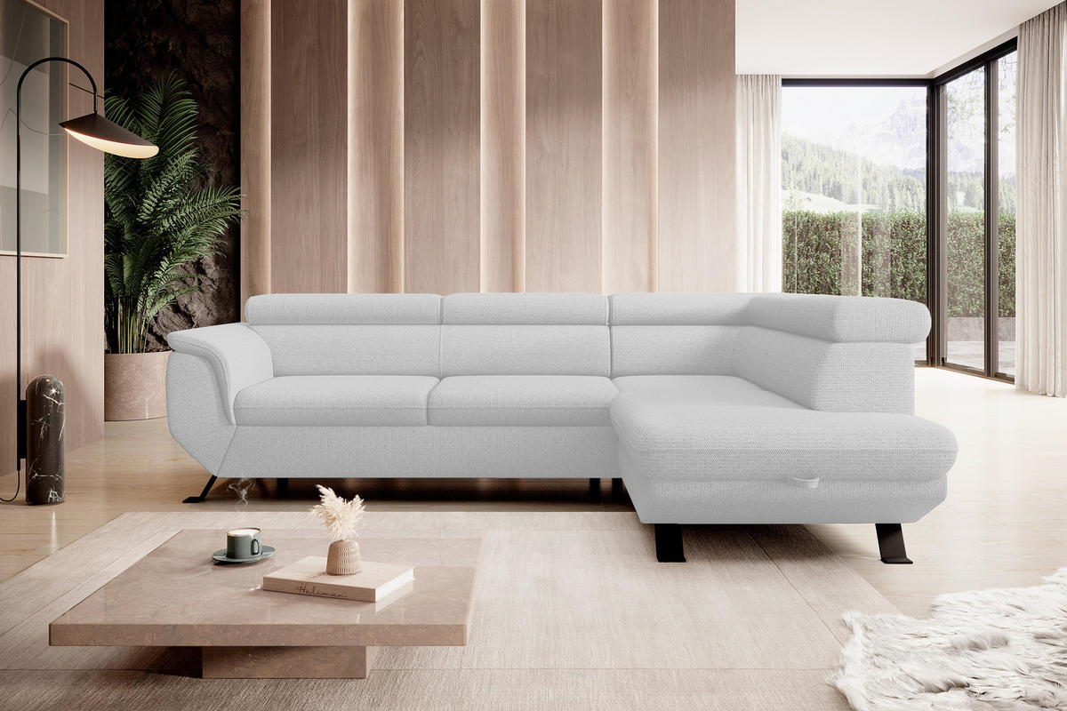 ECKSOFA Raven L mit Schlaffunktion und Bettkasten, Freistehend, Polstersofa mit Verstellbaren Kopfstützen, 257x198x96 cm – Rechte, Weiß - Weiß, Holz/Textil (256/198cm) - DomoHome
