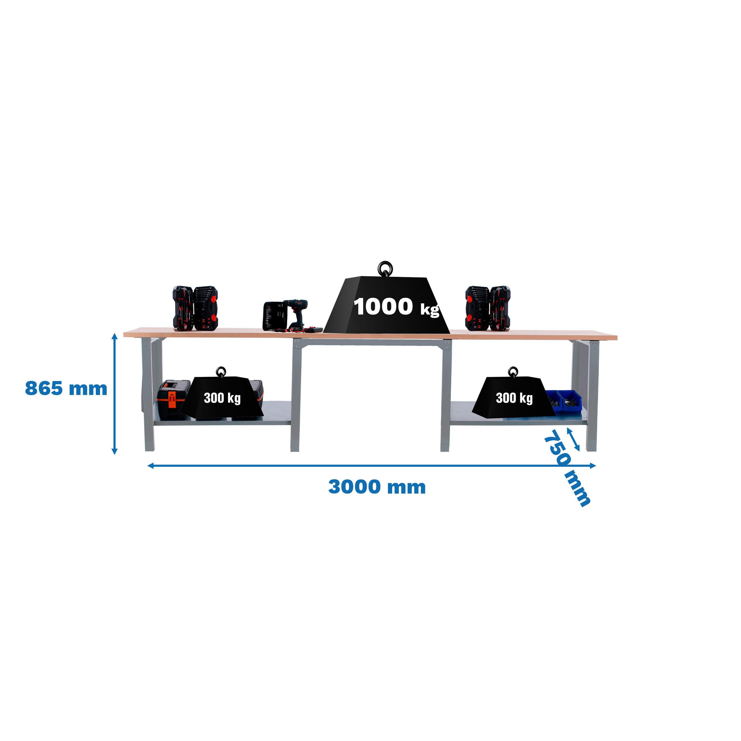 WERKBANK Buffalo Wood HxBxT 86,5 x 300 x 75 cm Traglast 1000 kg Grau - Grau, Metall (300/86.5/75cm) - PROREGAL