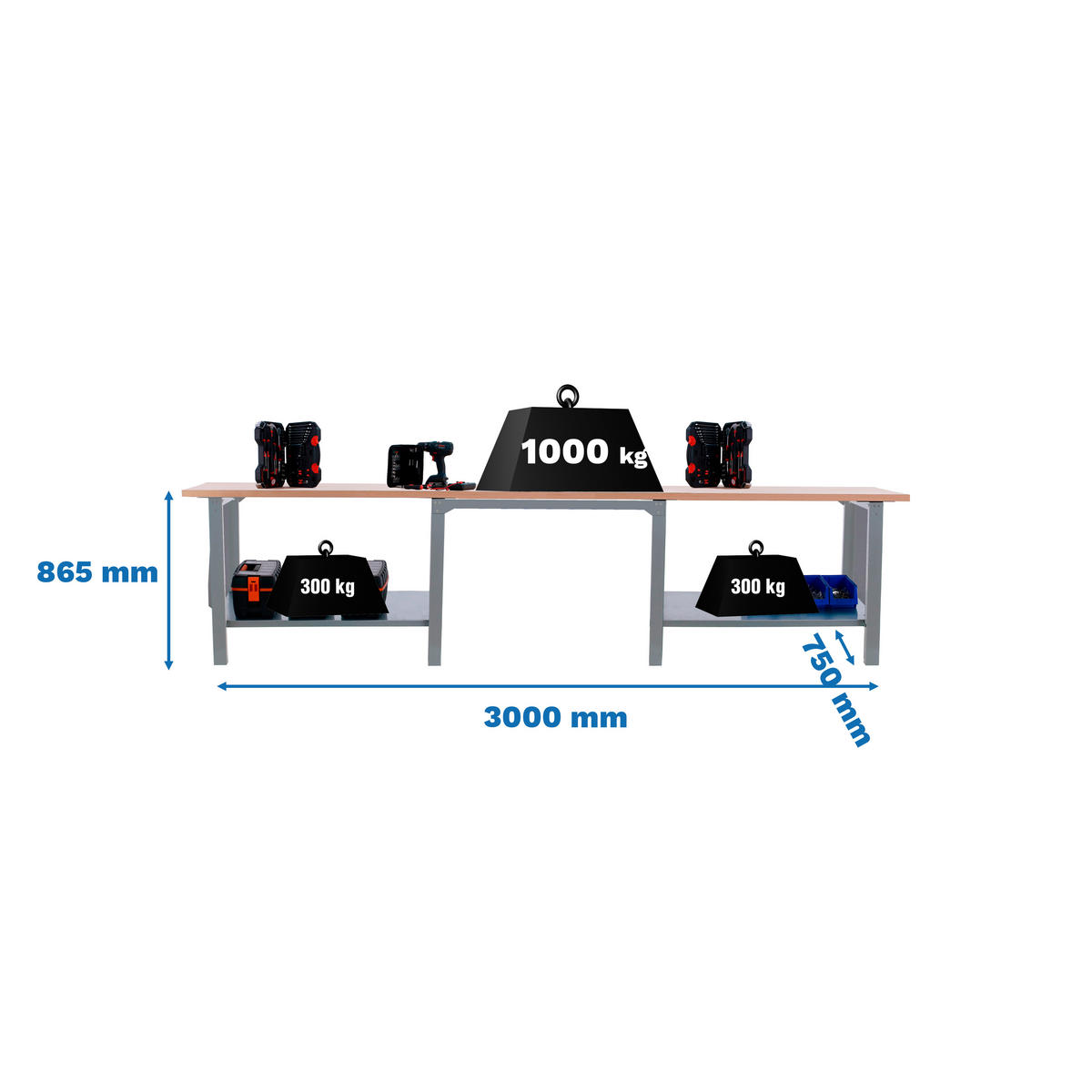WERKBANK Buffalo Wood HxBxT 86,5 x 300 x 75 cm Traglast 1000 kg Grau - Grau, Metall (300/86.5/75cm) - PROREGAL