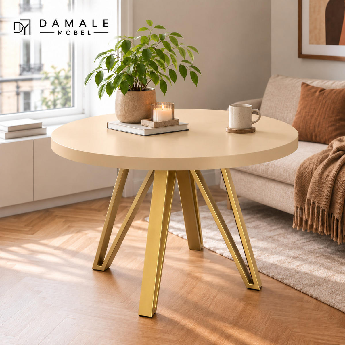 ESSTISCH rund ausziehbar 100/300/76 cm, Kaschmir, 54 cm Tischplatte + Industrial Metallgestell Gold - Kaschmir/Goldfarben, Holzwerkstoff/Metall (100/300/76cm) - Damale Möbel
