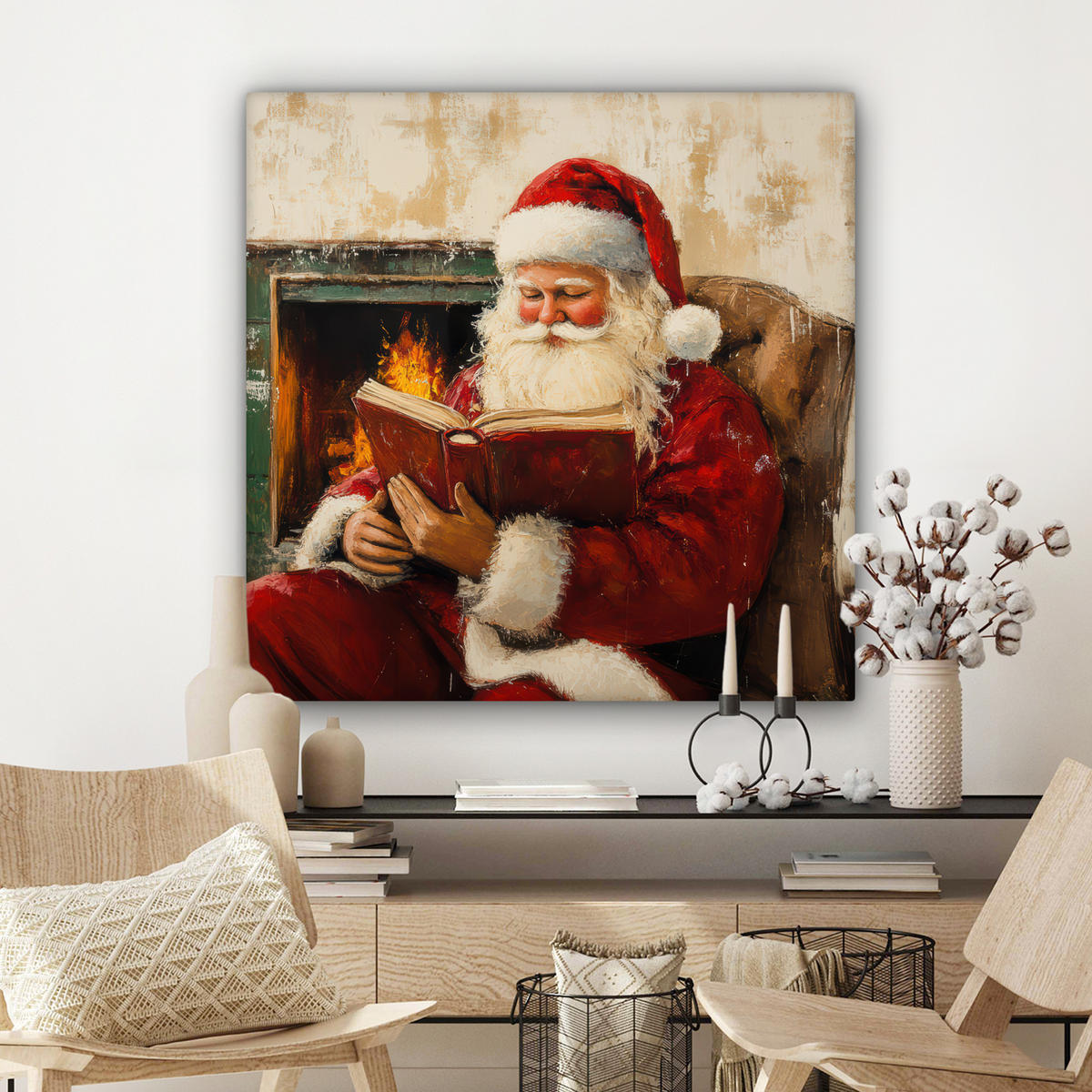 LEINWANDBILD Weihnachten - Weihnachtsmann - Winter - Open Fireside Deko Groß 90x90 cm - Dunkelrot, Textil (90/90cm) - MuchoWow