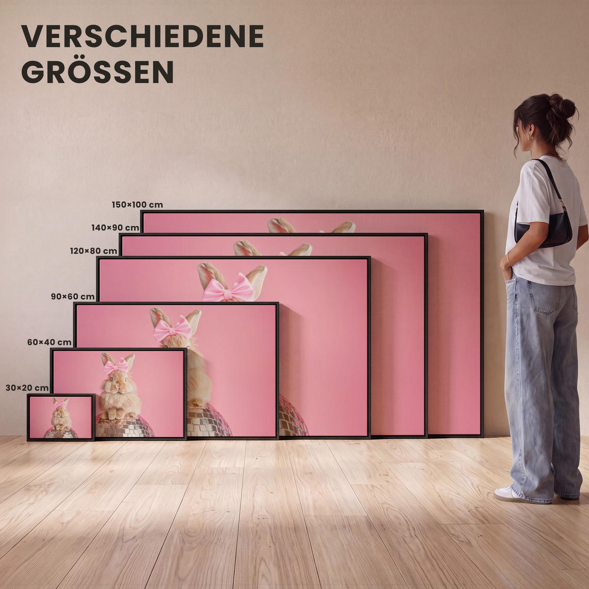 LEINWAND Bilder mit Rahmen - Schleife - Discoball - Kaninchen - 60x40 - Pink, Textil (60/40cm) - MuchoWow