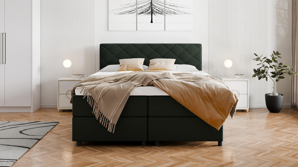 BOXBETT Diamaro 160x200 cm mit Bettkasten und Topper - Dunkelgrün - Grün, Holz (160/200cm) - Panda Möbel