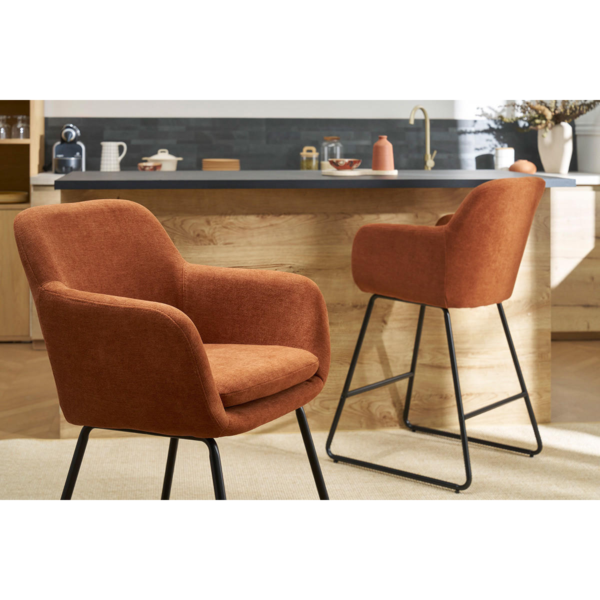 BARHOCKER Stoff Rostbraun Samteffekt H65 (2er-Set) AMIKA - Terracotta, Textil (59.5/95.5/52cm) - Miliboo