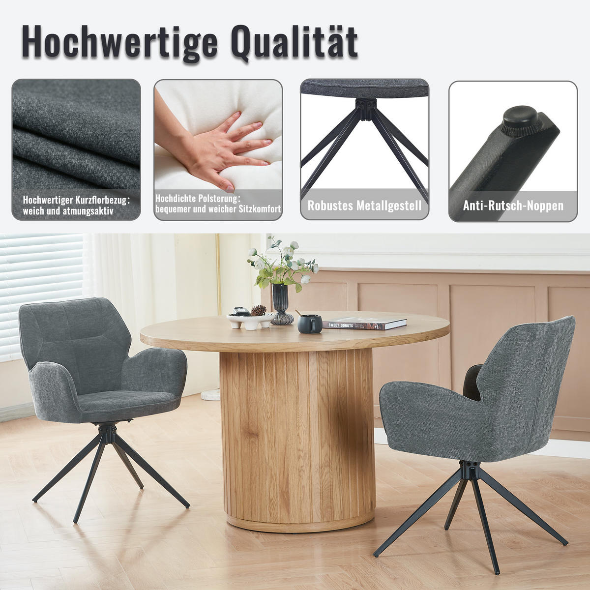 STUHL mit Samtbezug stabil Grau 45x53.5x84 cm Metall 2er-Set - Grau, Metall (45/84/53.5cm) - SONNENH