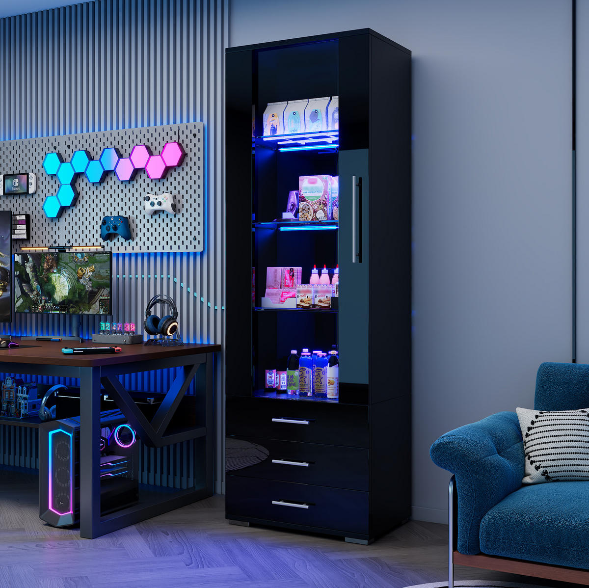 VITRINE 60/35/180 cm in Schwarz mit LED-Beleuchtung und 3 Schubladen - Schwarz, Holzwerkstoff (60/180/35cm) - Flora Grace