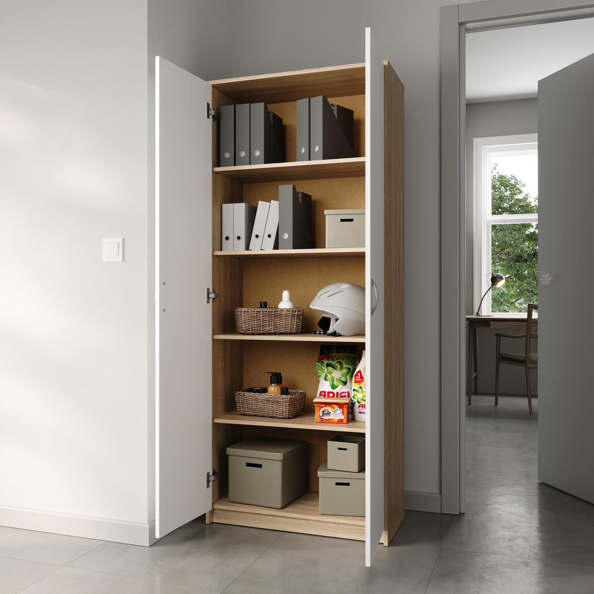 MEHRZWECKSCHRANK mit 5 Fächern und 2 Türen in Sonoma / Weiß - Weiß/Sonoma Eiche, Holzwerkstoff (74/180/35cm) - Home Collective