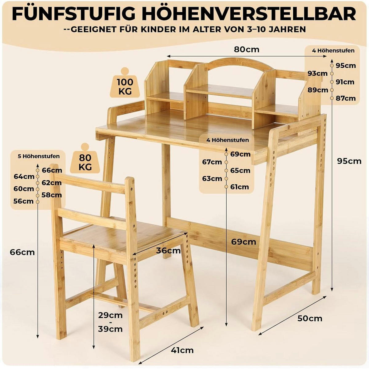KINDERSCHREIBTISCH-SET Bambus höhenverstellbar mit Stuhl und Stauraum - Hellbraun, Naturmaterialien (80/95/50cm)