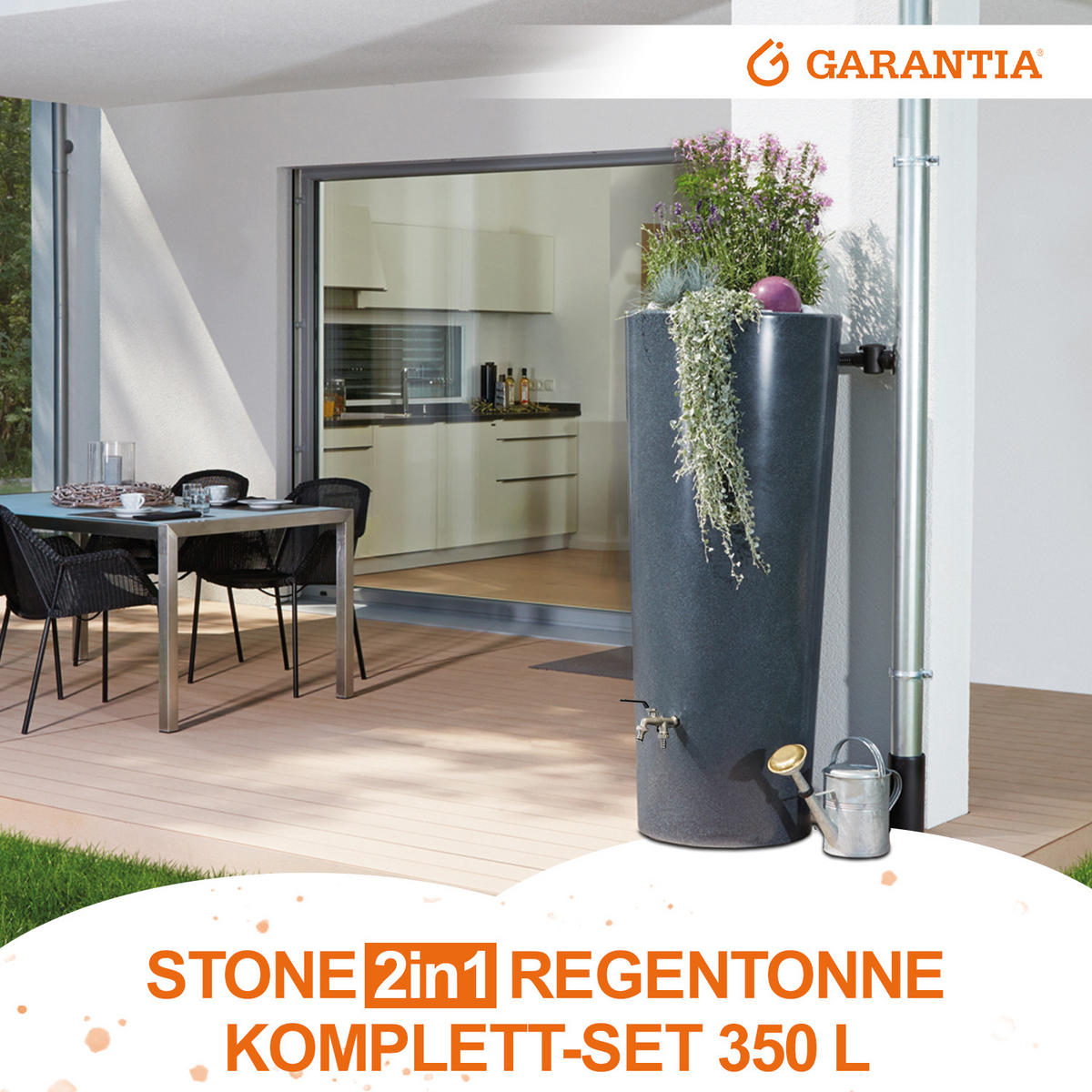 2IN1 Regentonne Komplett-Set 350 L, lava inkl. Chrom-Doppelauslaufhahn und Fallrohranschluss - Grau, Kunststoff (62/150/80cm) - GARANTIA