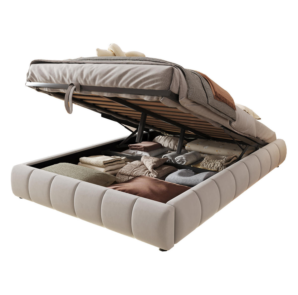 POLSTERBETT aus Flanellstoff 140x200 cm Beige mit LED-Lichtleiste, hydraulischem Stauraum und Metallrahmen - Beige, Textil (140/200cm) - Modfu