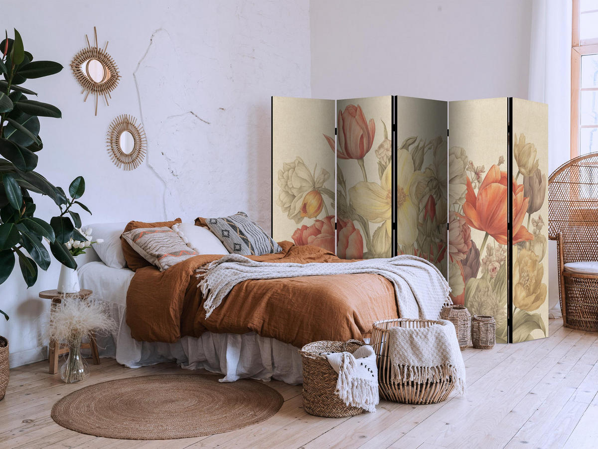 PARAVÁN Obojstranný 5-dielny 225x172 cm Retro Tulipány - viacfarebná, drevo/textil (225/172/3cm) - Muralo