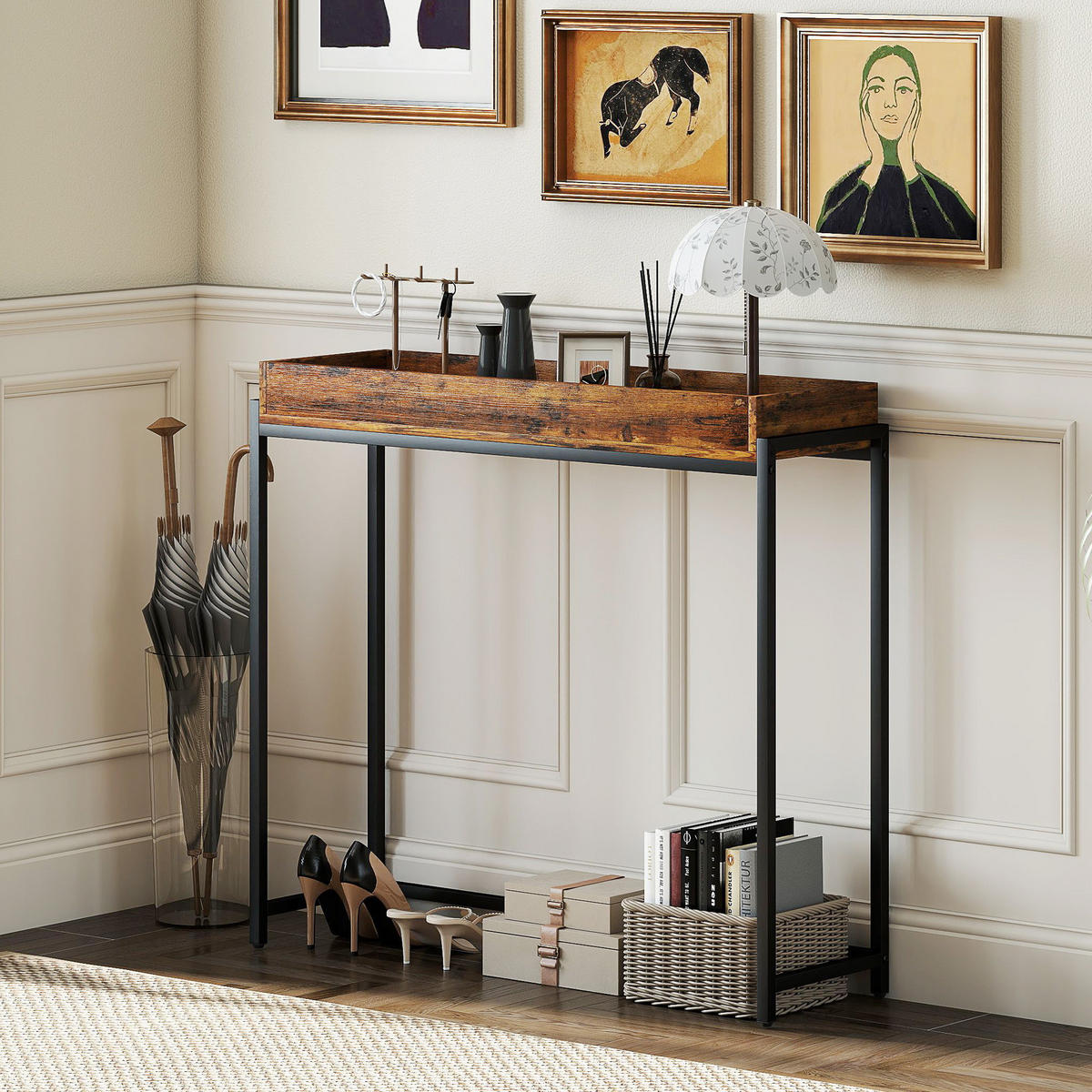 KONSOLENTISCH mit Geländer, Braun - Schwarz/Braun, Metall (100/30/91cm) - HOMCOM