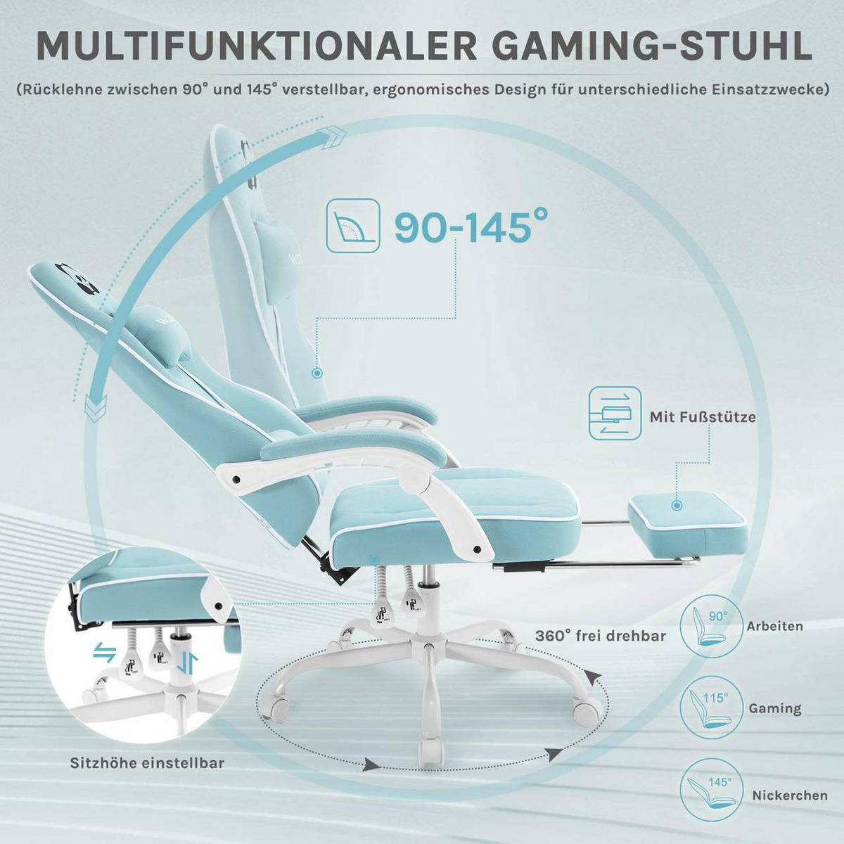 GAMINGSTUHL mit Taschenfederkissen, Netzstoff, Hellblau - Weiß/Hellblau, Textil/Metall (70/125.5/70cm) - Woltu