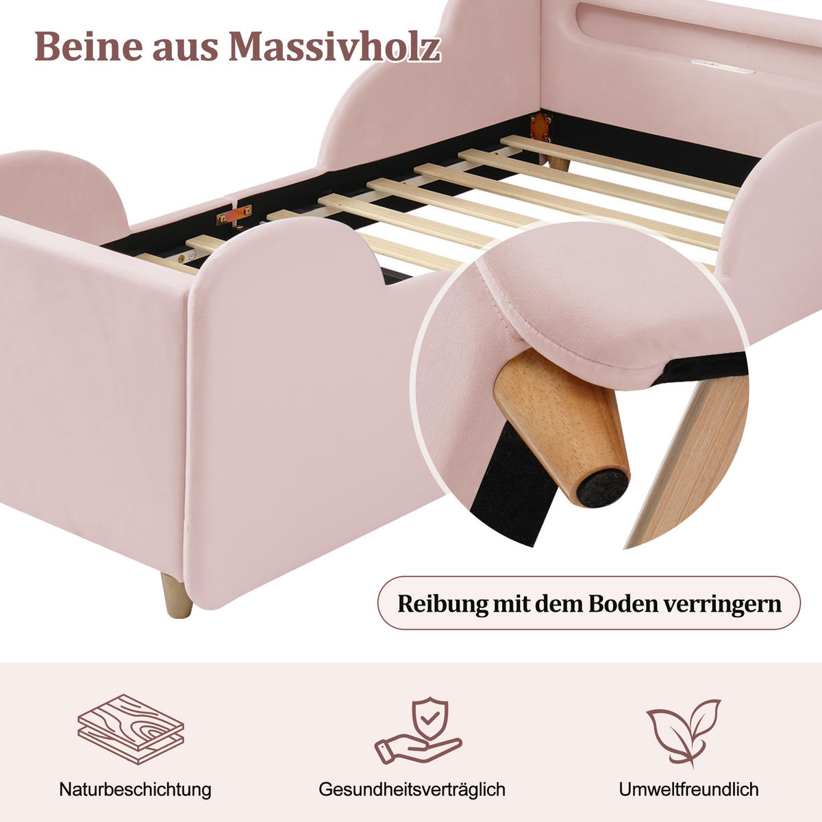 KINDERBETT 90/200 cm in Rosa Samt mit Schutzgitter, Nachtlicht und USB/Type-C - Rosa, Holzwerkstoff/Textil (90/200cm) - WISHDOR