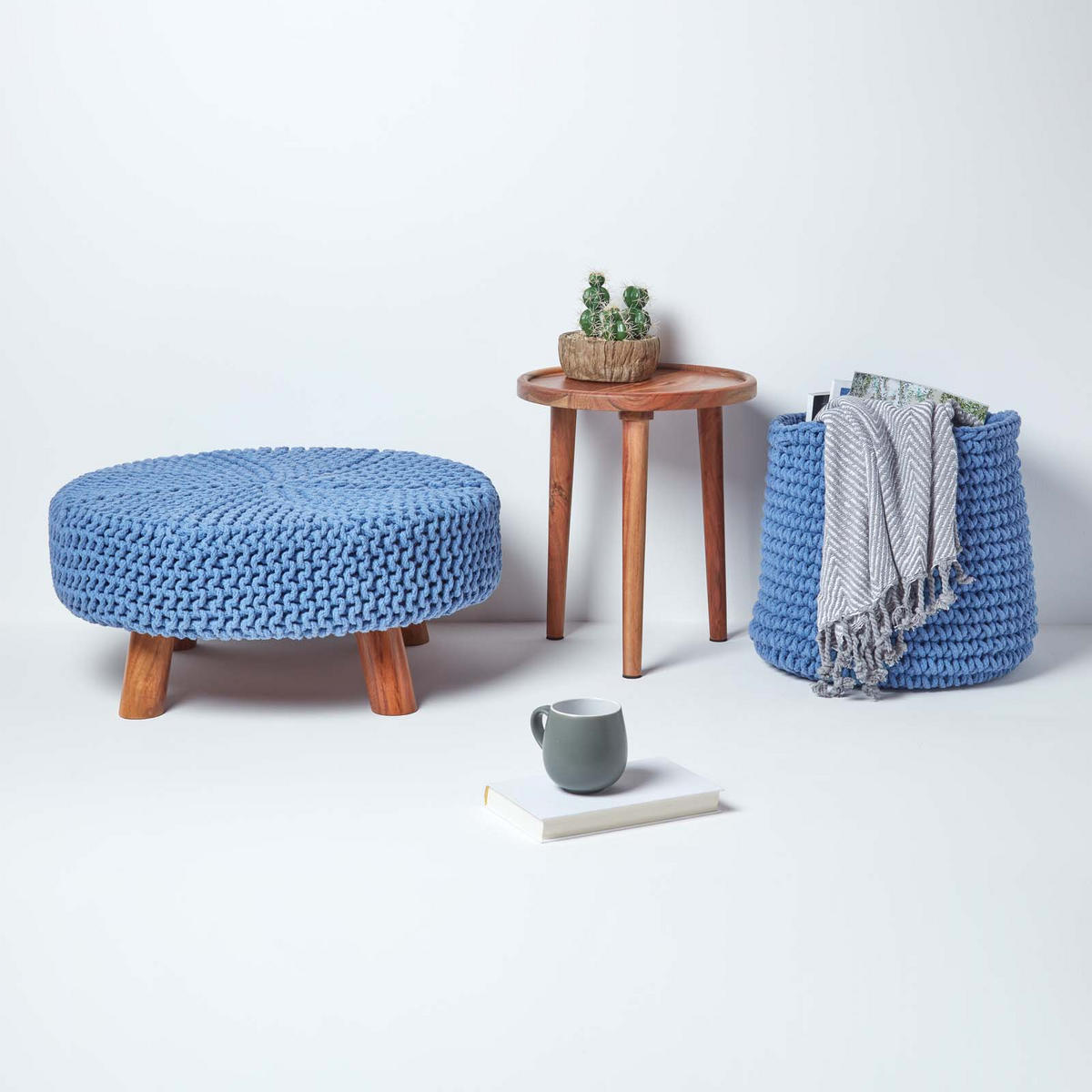 STRICK-HOCKER blau, rund 62/62/30 cm - Blau, Textil (62/30/62cm) - Homescapes