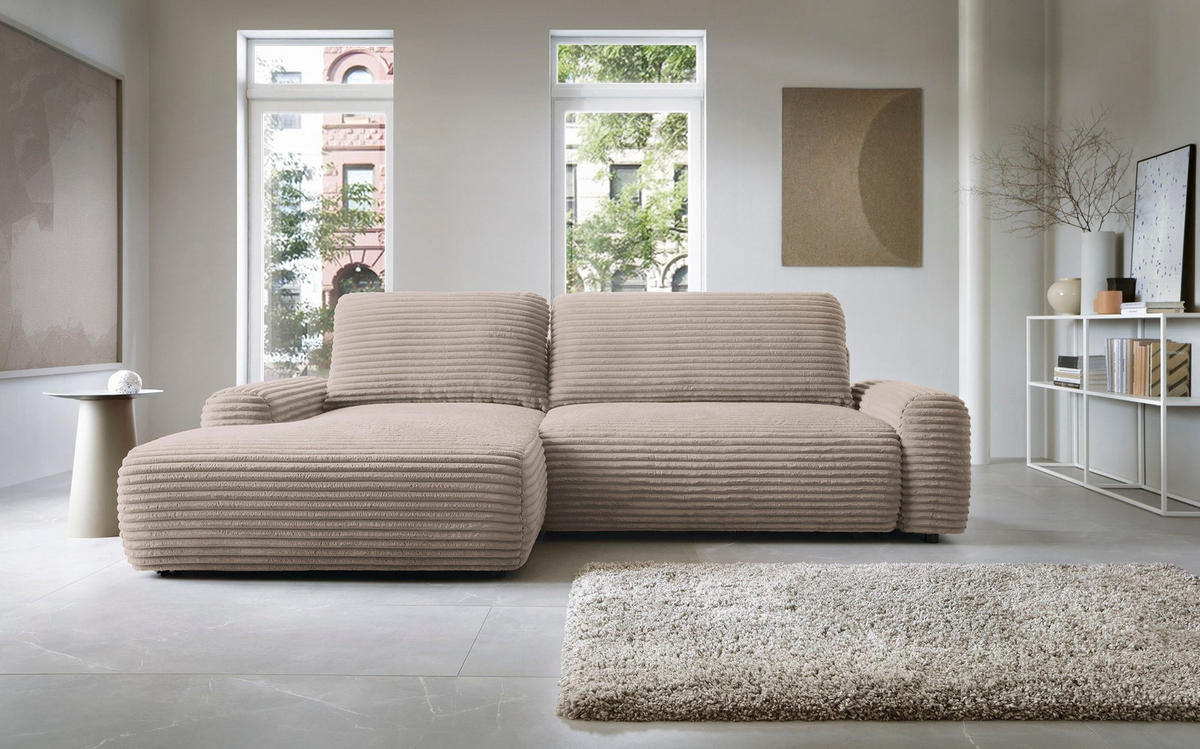 ECKSOFA OSSO Beige Velours-Stoff mit Schlaffunktion - Beige, Holz (264/162cm) - MASSENO
