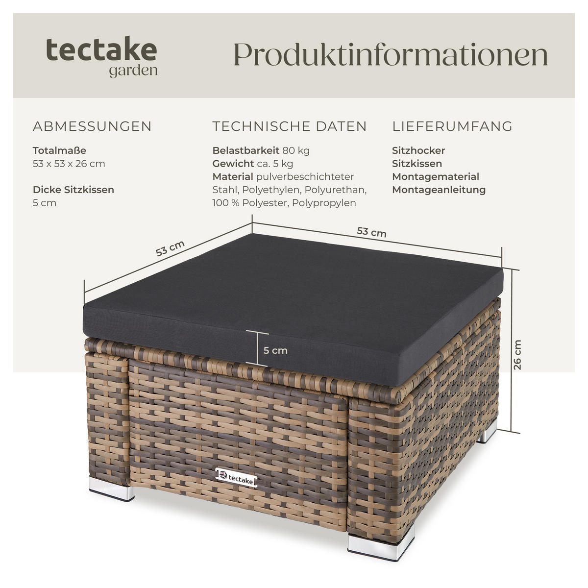 RATTAN-SITZHOCKER Bitonto,53 x 53 x 26 cm,natur - Naturfarben, Kunststoff (53/26/53cm) - tectake