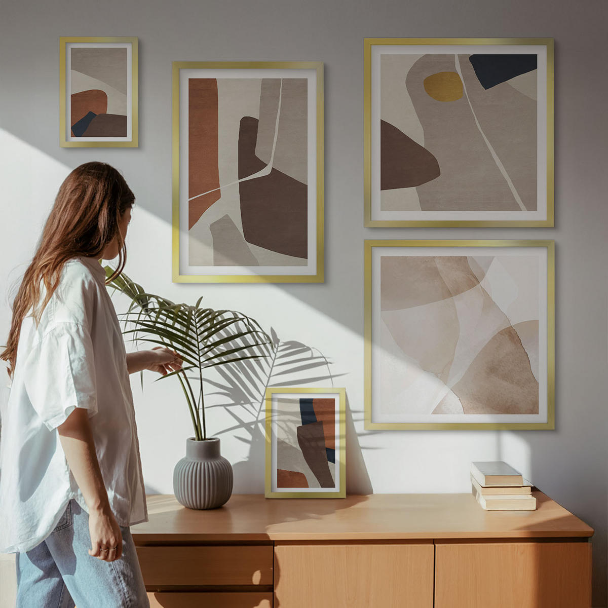 BILDER SET 5er Set - 50x50 cm & 20x30 cm & 40x60 cm Goldrahmen - Abstrakte moderne Formen - Goldfarben, Kunststoff (40/60cm) - TULUP