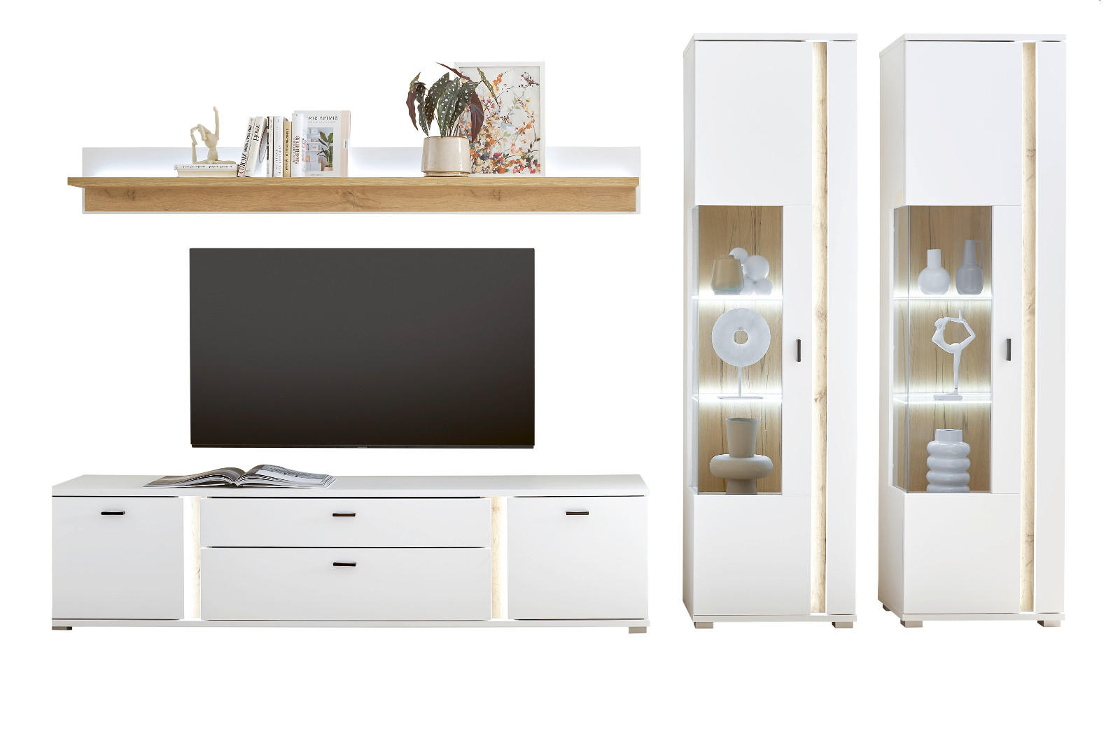 Furn.Design Wohnwand Weiß, Eiche Wotan 330x200x42 cm