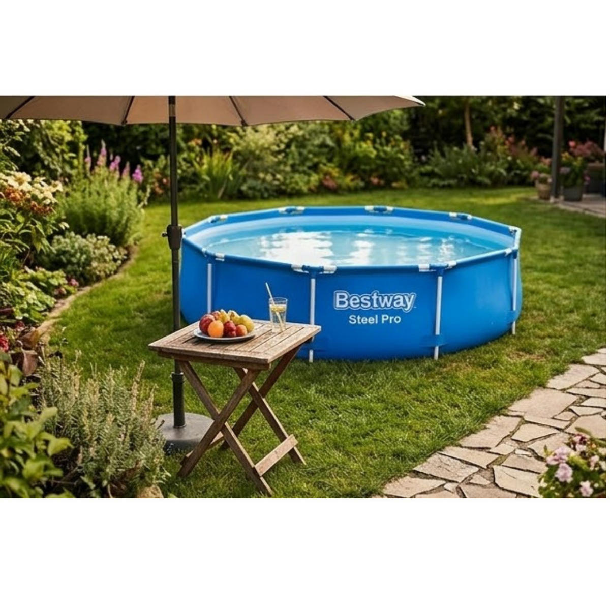FRAMEPOOL, Rund, 305x76 cm, Aufstellpool, Komplettset, Familienpool, Gartenpool, Planschbecken, groß, robust, Sommerpool, Outdoor, ohne Pumpe - Blau, Kunststoff (305/76/305cm) - Bestway
