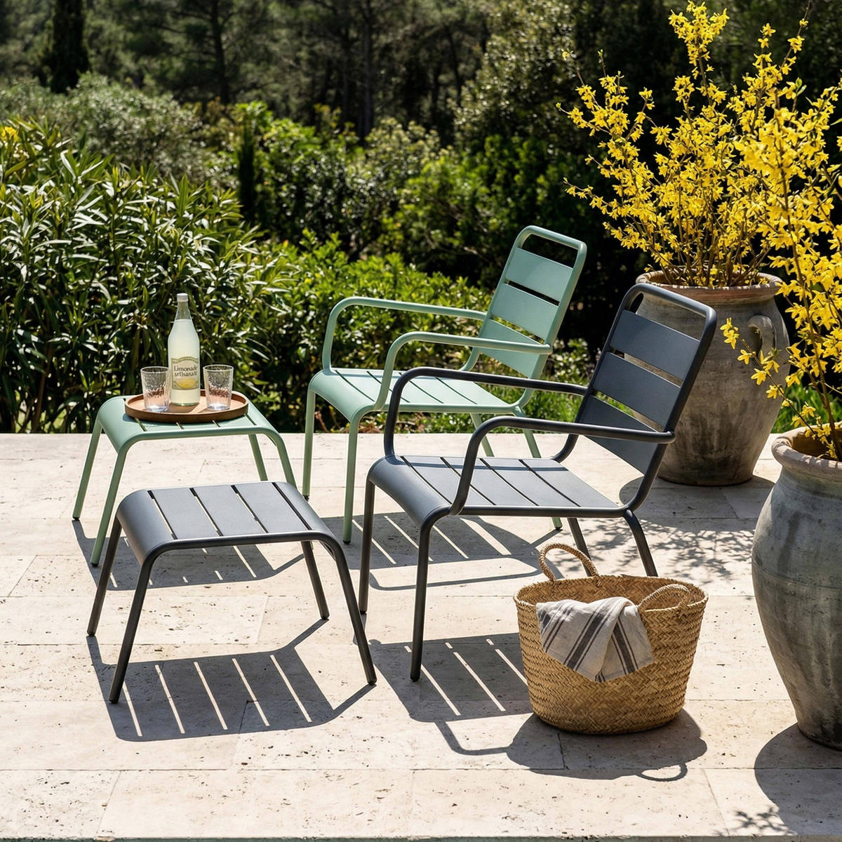 RELAXSESSEL MIT HOCKER 2-tlg., Grau/Salbeigrünen - Grün, Metall (64/72/60cm) - Oviala