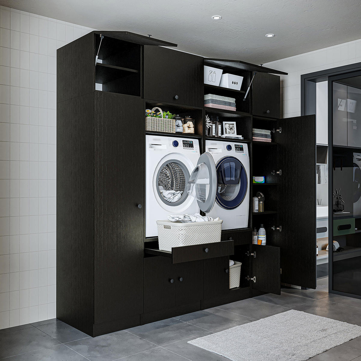WASCHMASCHINENSCHRANK Serie 1 224cm Breit, 230cm Hoch - Schwarz, Holzwerkstoff (224/230/67cm)