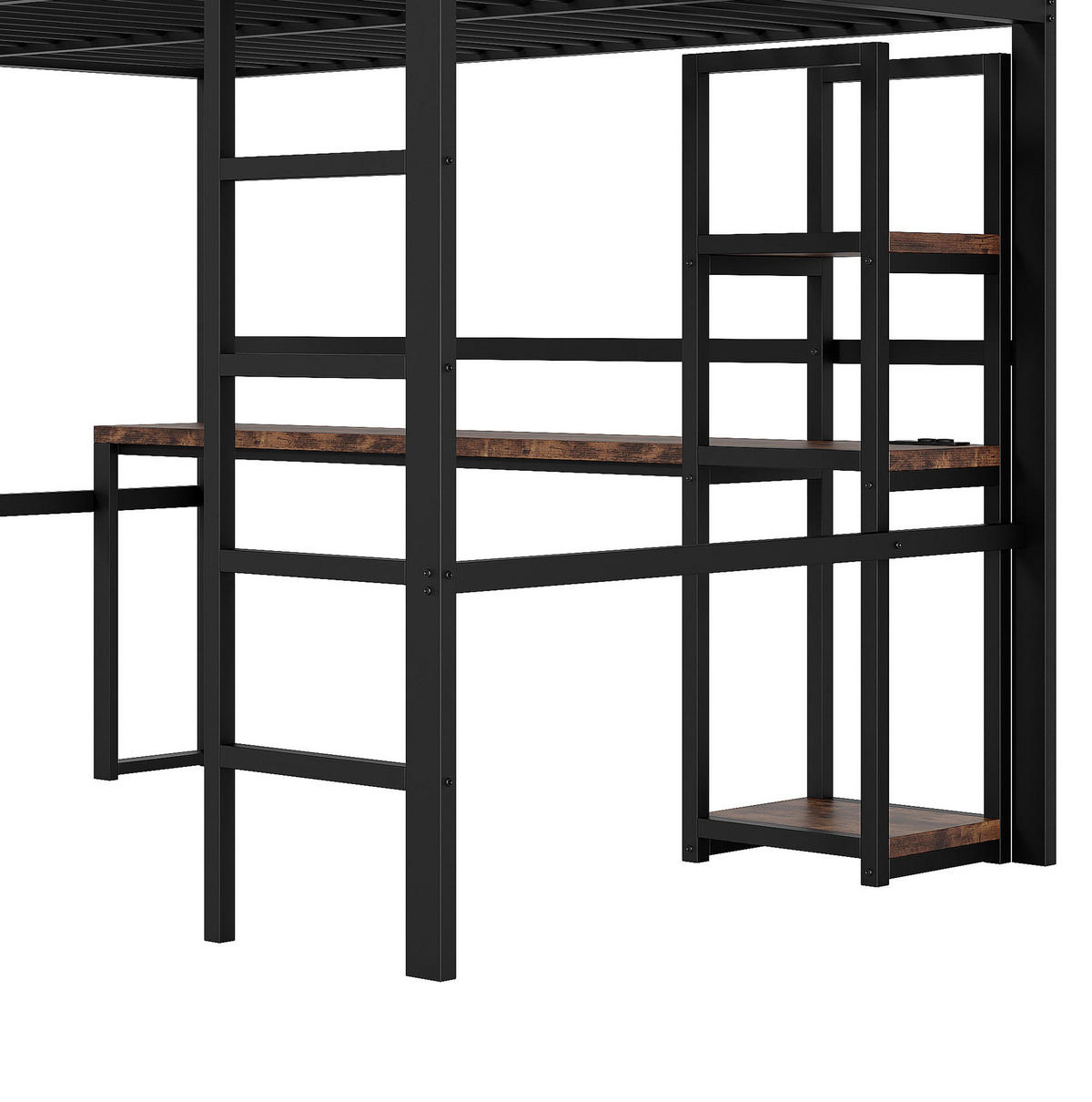 HOCHBETT 140/200 cm aus Metall/MDF mit Schreibtisch, Regalen und USB-/Typ-C-Steckdose Schwarz - Schwarz, Metall (140/200cm) - Modenvie