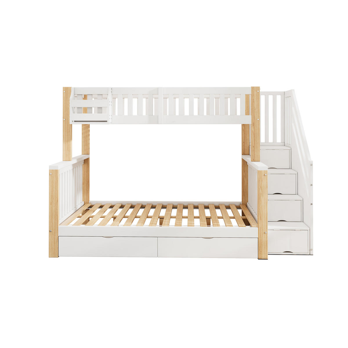 ETAGENBETT 140/200 cm Weiß-Natur mit Treppenschrank Stauraum und Schublade aus Massivholz - Weiß, Holzwerkstoff (90/200cm) - OKWISH