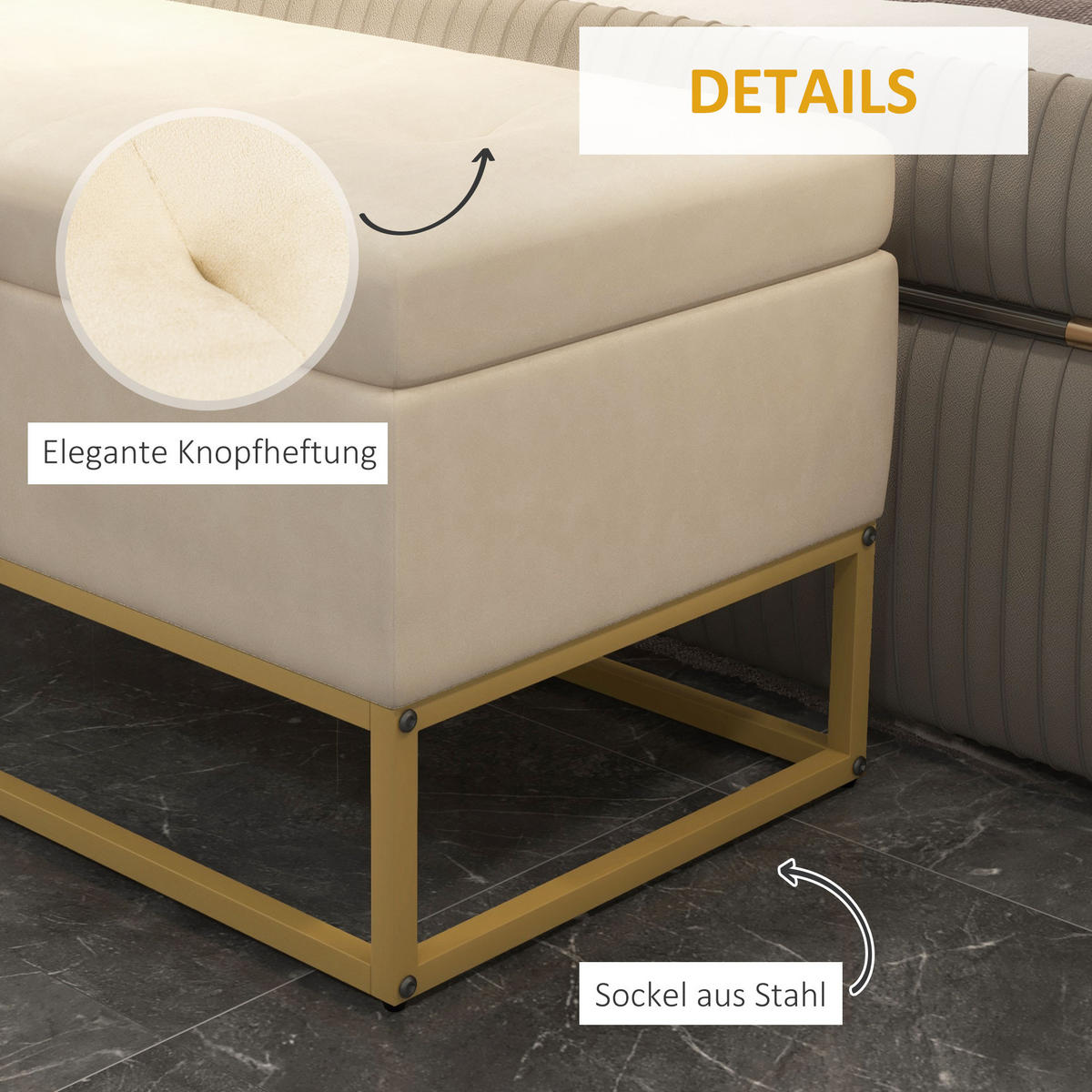 SITZBANK, Polsterbank, Bettbank, Beige - Beige, Kunststoff/Metall (44/49/110cm) - HOMCOM