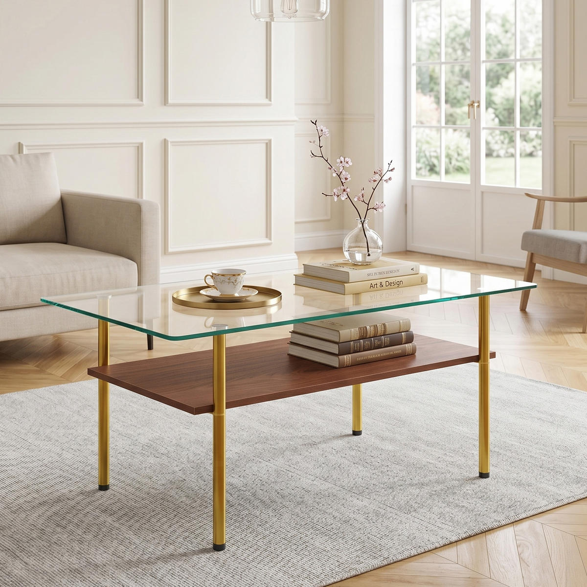 COUCHTISCH DE-37418 rechteckig mit Glasplatte Gold/Braun - Goldfarben/Braun, Metall (98/58/45cm) - ComfortXL