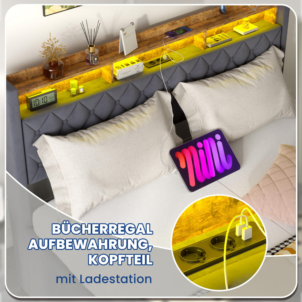 POLSTERBETT aus Samt 180x200 cm Grau mit Stauraum-Kopfteil und LED-Lichtleiste - Grau, Textil (180/200cm) - Modfu