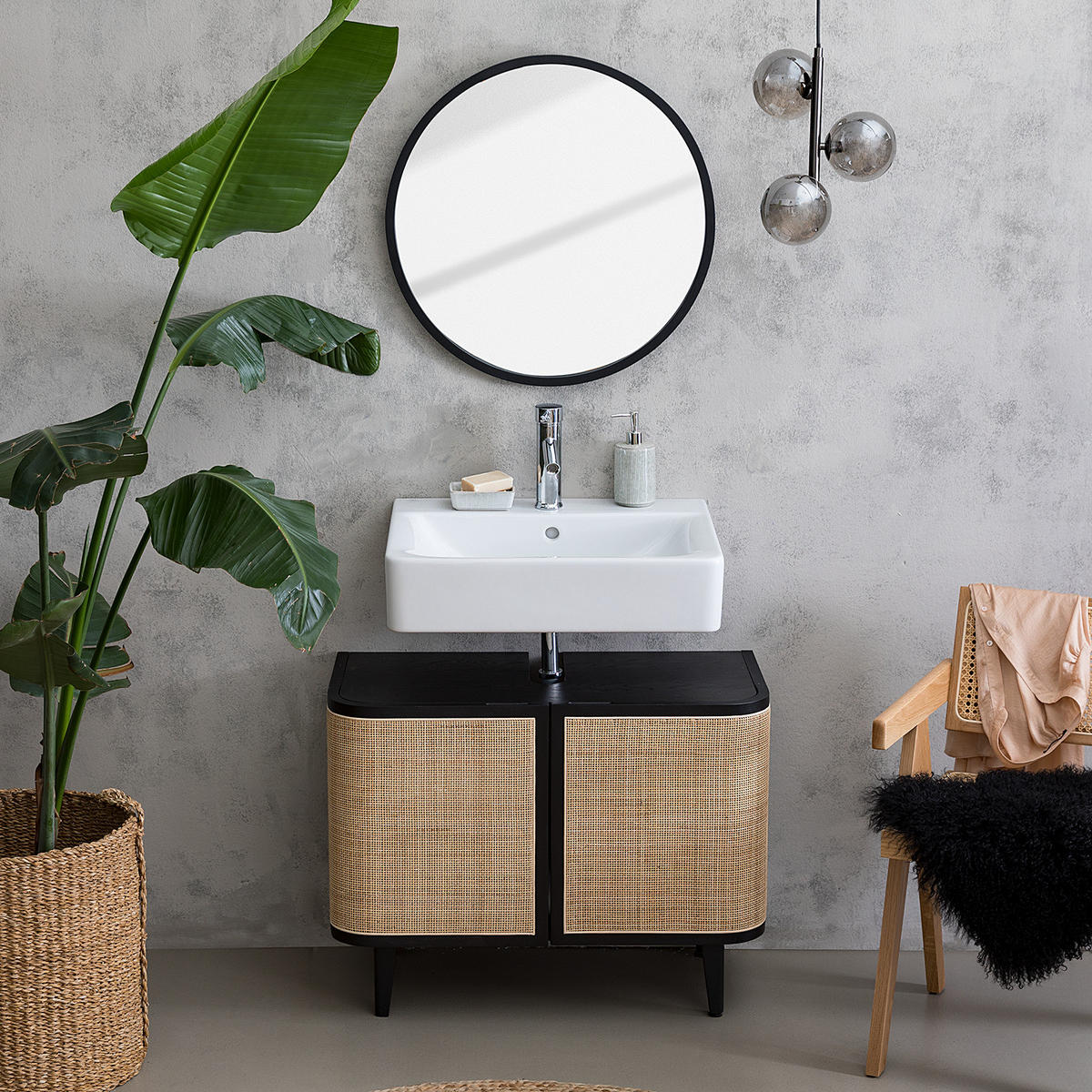 WASCHBECKENUNTERSCHRANK - Rattan / Eiche teilmassiv - Eichefarben/Schwarz, Naturmaterialien/Eichenholz (80/60/40cm) - home24