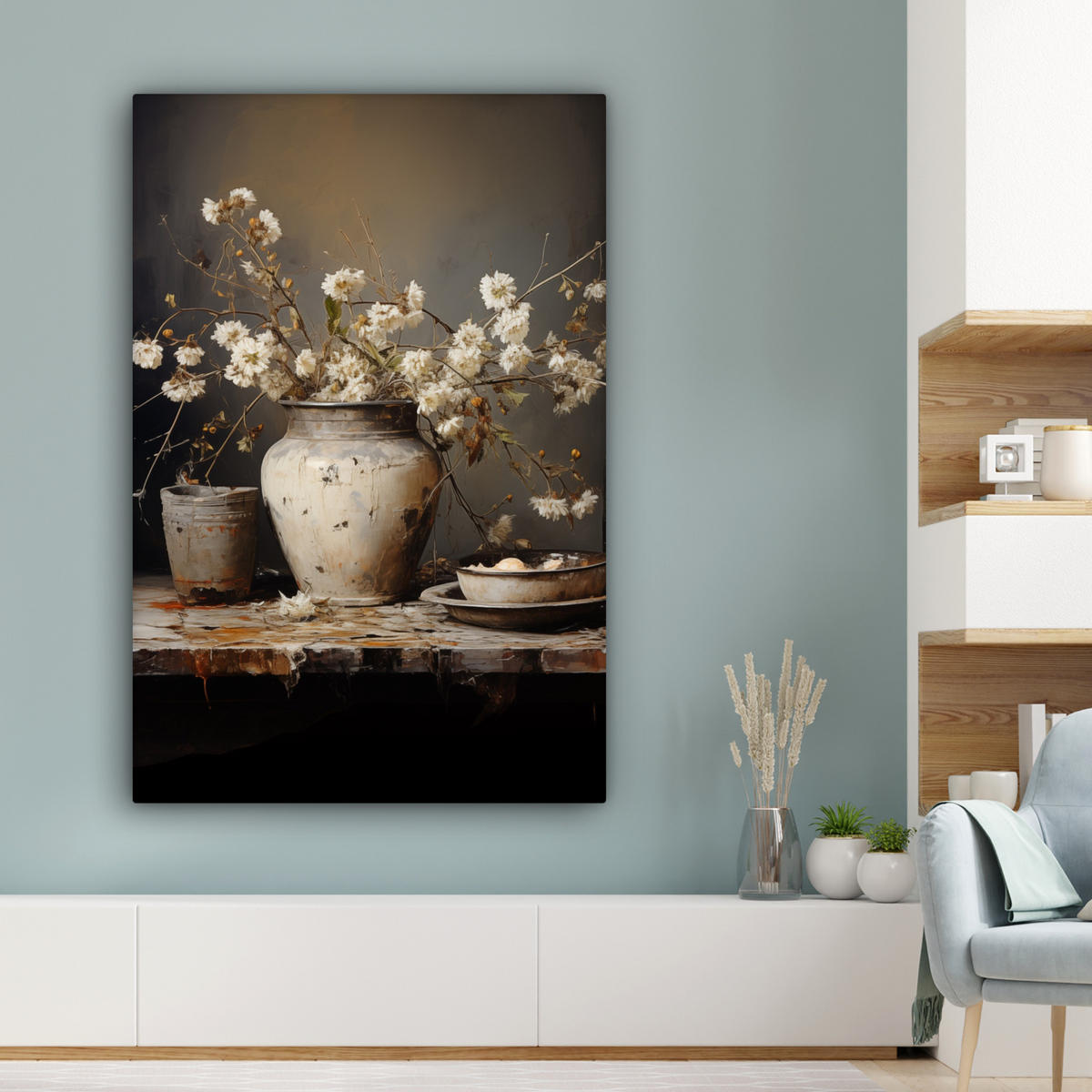 LEINWANDBILD Stilleben - Blumen - Blumenstrauß - Vase - Wein Deko Groß 90x140 cm - Schwarz, Textil (90/140cm) - MuchoWow