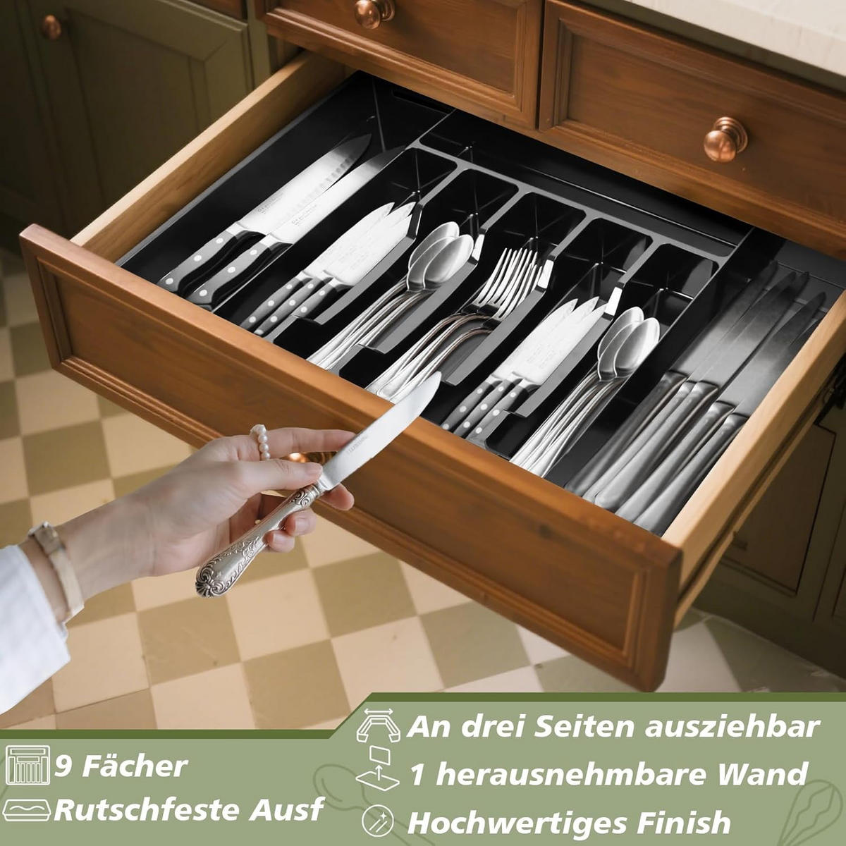 BESTECKKASTEN Ausziehbarer - Schwarz, Kunststoff (53/5/49cm) - Aimax
