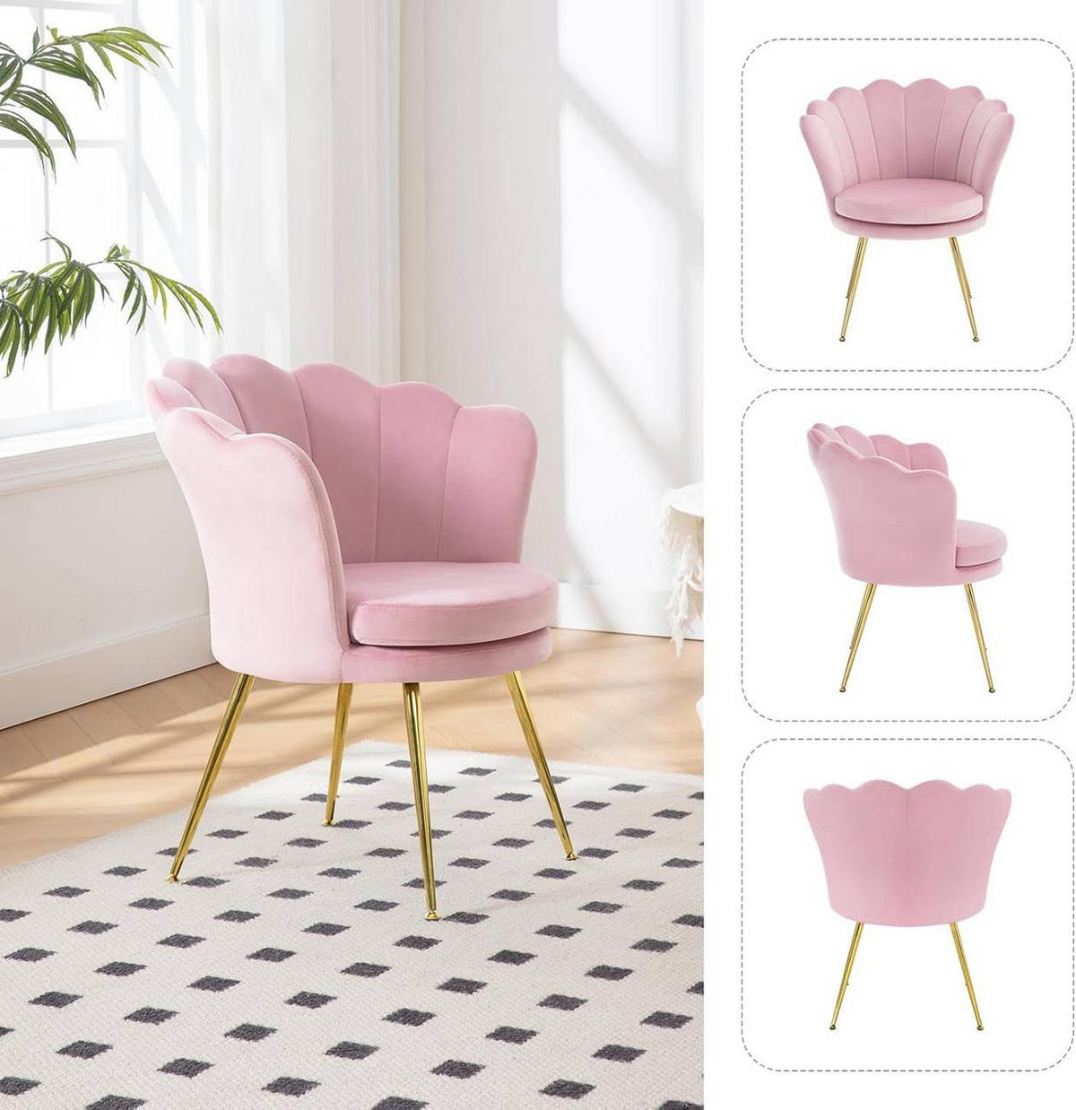 RELAXSESSEL Blumenform, Samtbezug, Rosa+Gold - Goldfarben/Rosa, Textil/Metall (68/75/62cm) - Woltu