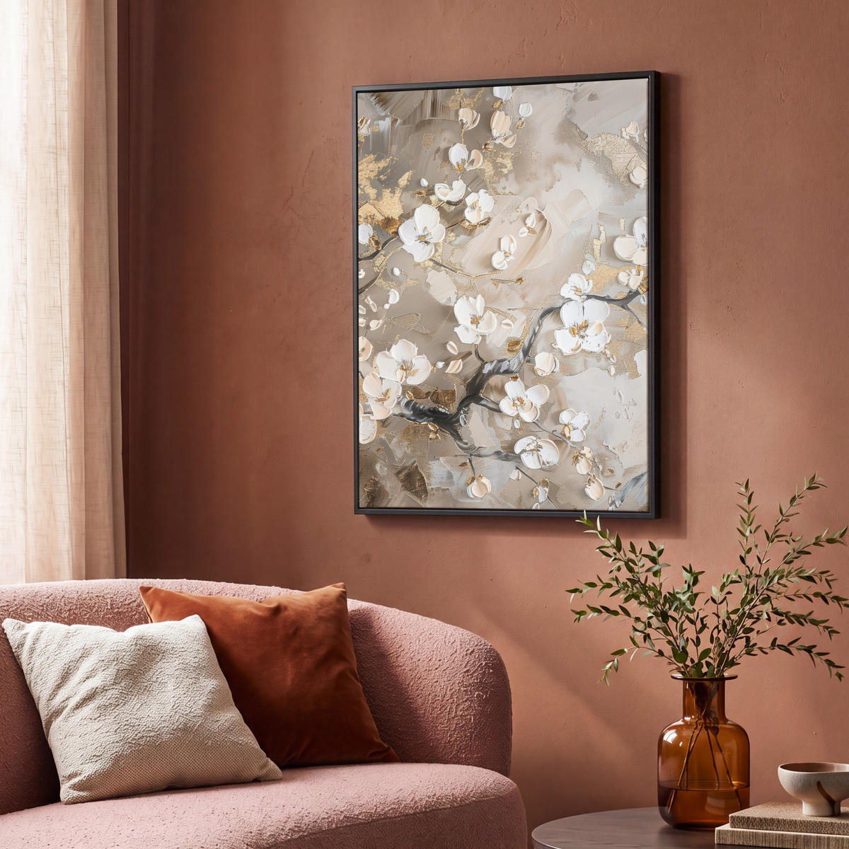 LEINWAND Bilder mit Rahmen - Blumen - Weiß - Gold - Beige - Luxus - 70x100 - Greige, Textil (70/100cm) - MuchoWow