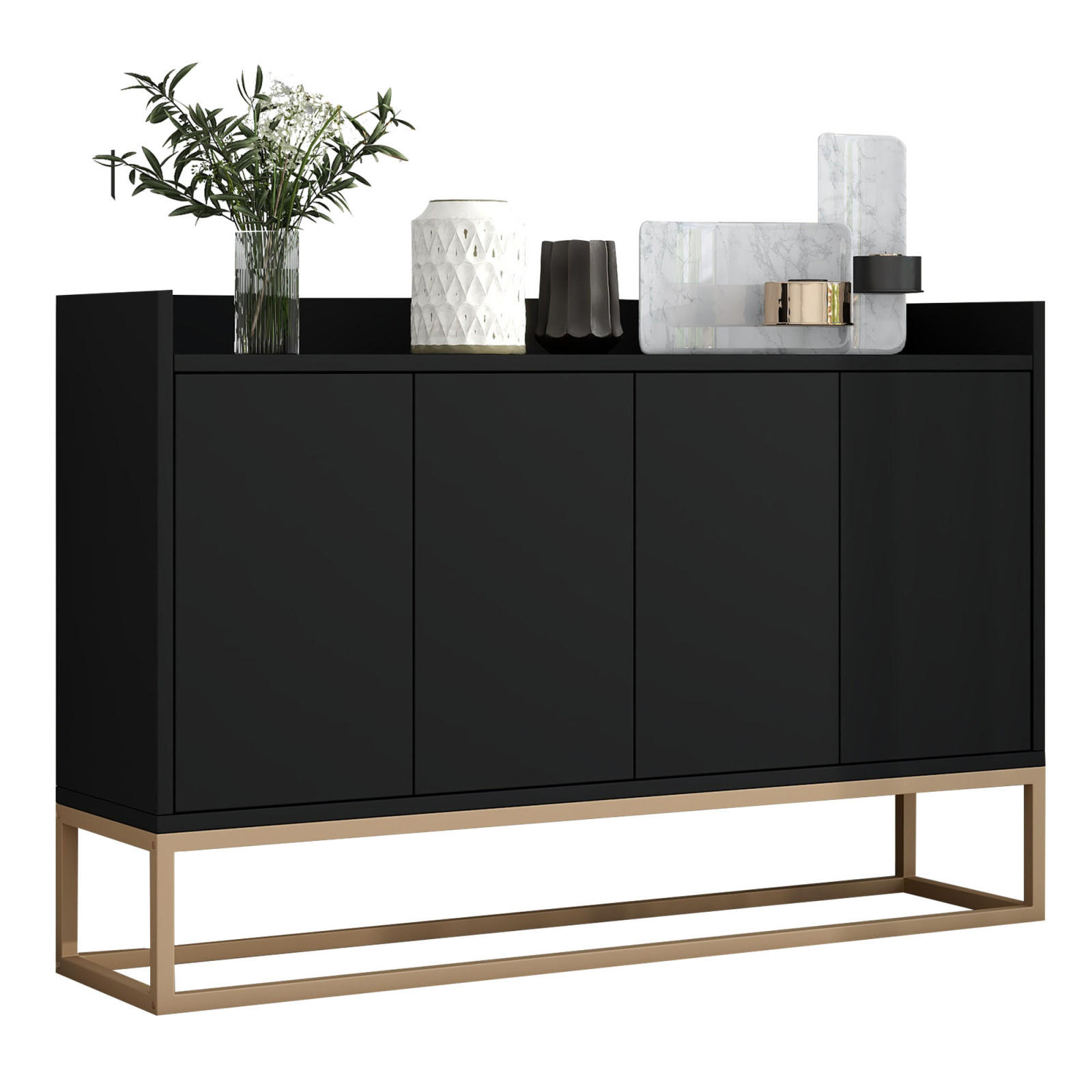 SIDEBOARD, Kommode mit 4 Türen, Verstellbaren Einlegeböden und goldenen Metallrahmen, Schwarz - Schwarz, Holz (30/80/120cm)