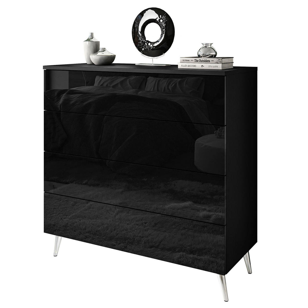 KOMMODE AURA PUSH OPEN mit Schubladen Beinfarbe – Chrom - Silberfarben/Schwarz, Holzwerkstoff (95/90/40cm) - Lookway