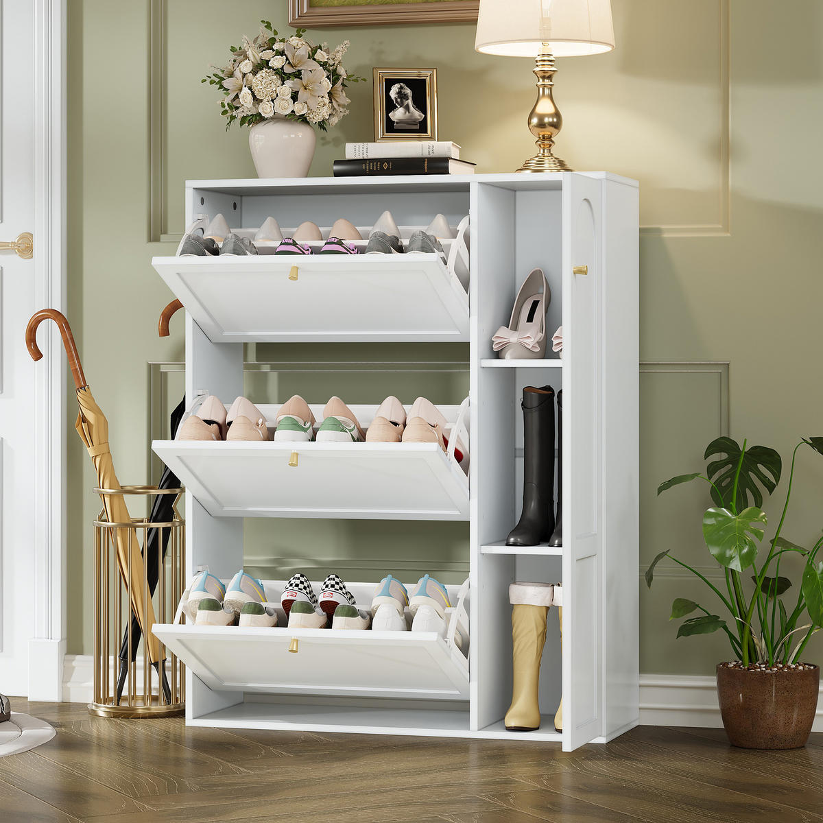 SCHUHSCHRANK aus MDF & Spanplatte 90x25x114cm in Weiß mit 3 Klappen & 1 Tür - Weiß, Holzwerkstoff (90/114/25cm) - Modfu